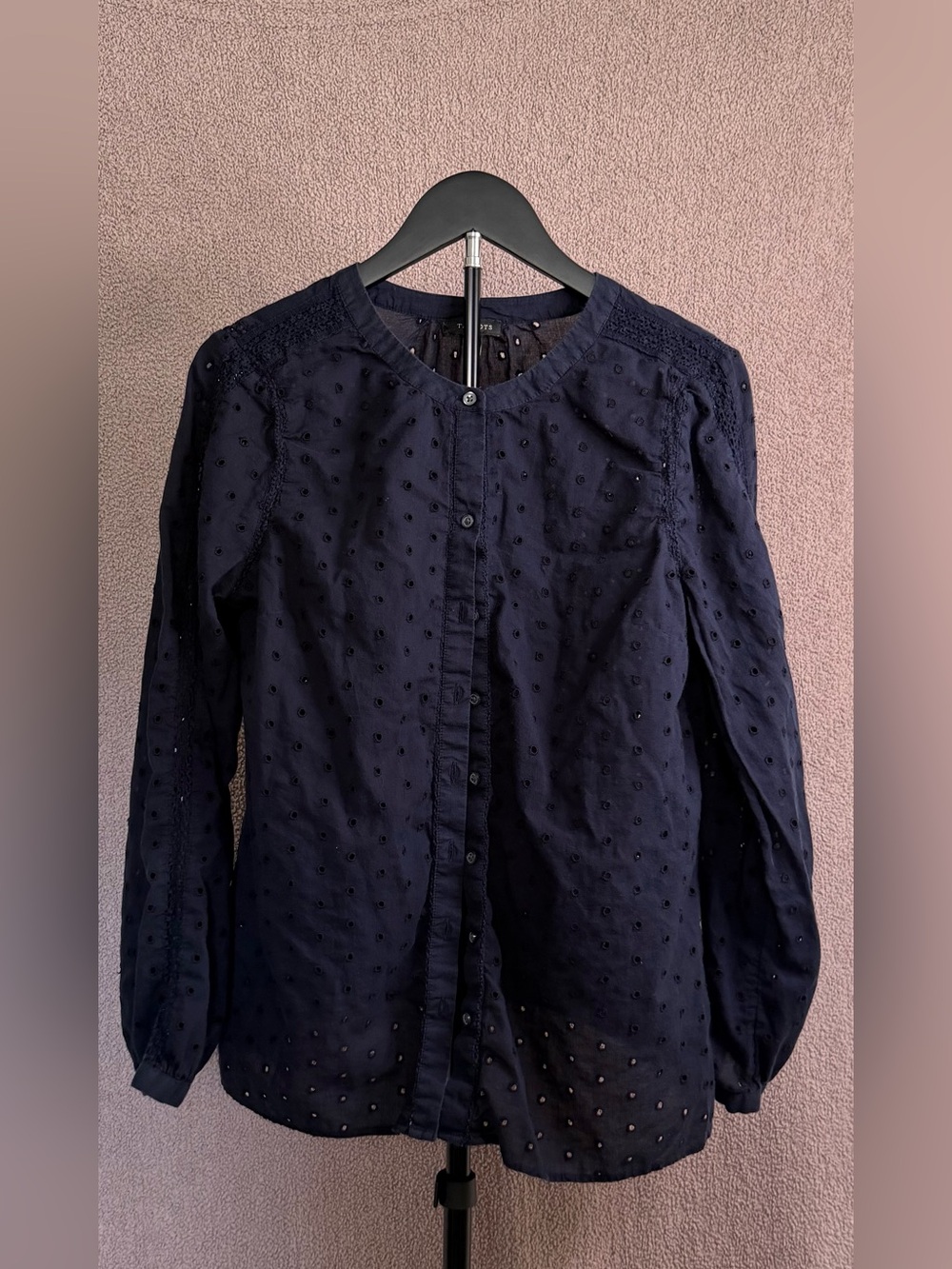 Talbots Navy Blue Eyelet Button Front Long Sleeve Blouse M